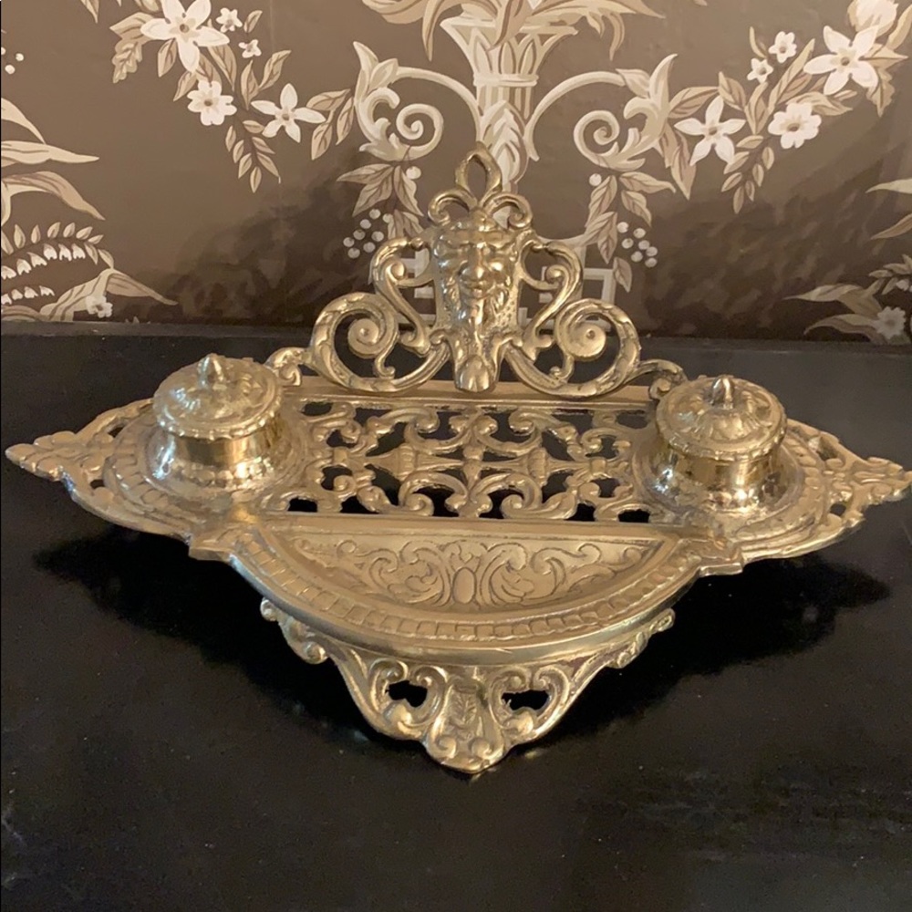 Brassy Antique Inkwell Desk Library Piece